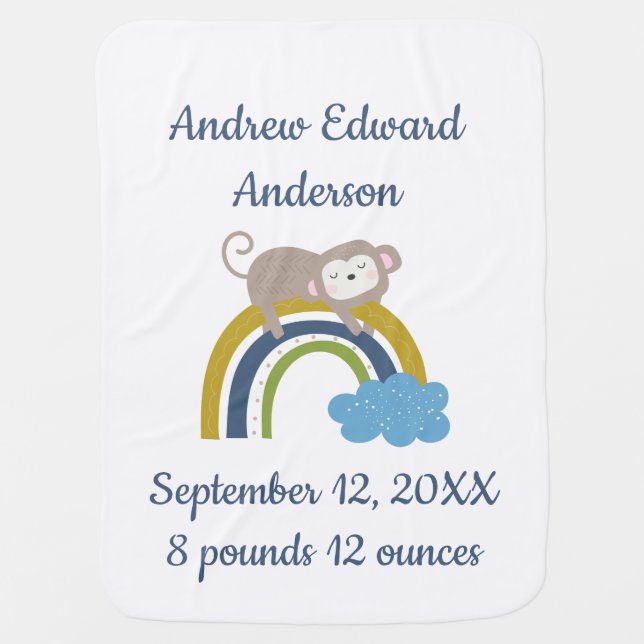 Birth Stats Rainbow Sleeping Animal Baby Gift Blanket (Front)