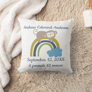 Birth Stats Rainbow Sleeping Animal Baby Gift Throw Pillow