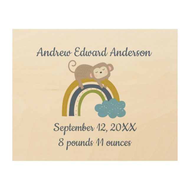Birth Stats Rainbow Sleeping Animal Baby  Wood Wall Art (Front)