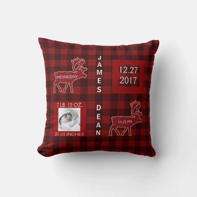 Birth Stats | Rustic Buffalo Check Nursery Throw Pillow (Front)