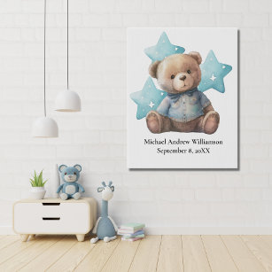Birth Stats Teddy Bear Blue Baby Boy Nursery Decor Faux Canvas Print