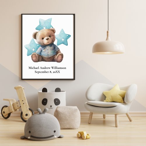 Birth Stats Teddy Bear Blue Baby Boy Nursery Poster