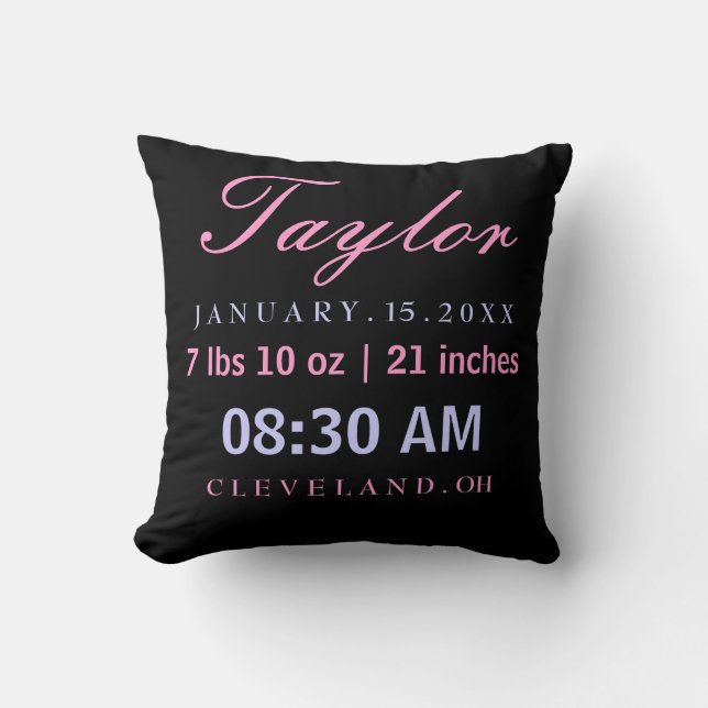Birth Stats Typography Black Pink Lavender Throw Pillow (Front)