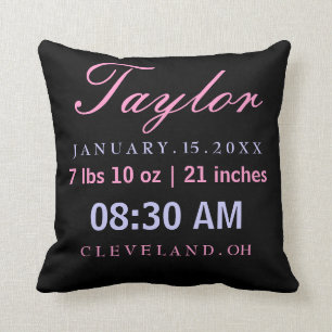 Birth Stats Typography Black Pink Lavender Throw Pillow