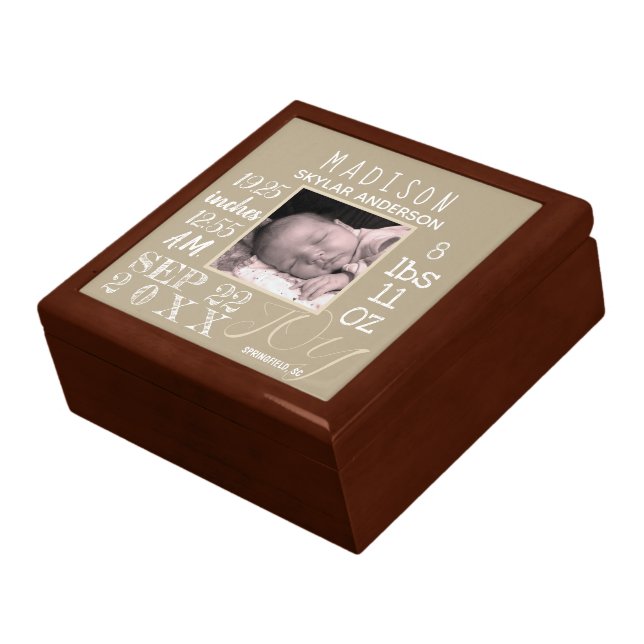 Birth Stats Typography Neutral Photo Keepsake Gift Box (Side)
