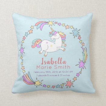 Birth Stats Unicorn Nursery Pillow by Kookyburra at Zazzle