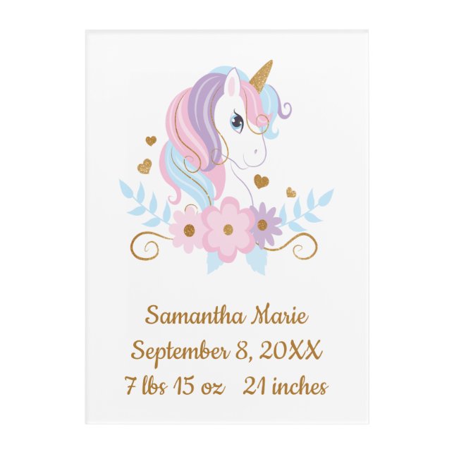 Birth Stats Unicorn Pink Blue Gold, Girly Acrylic Print (Front)