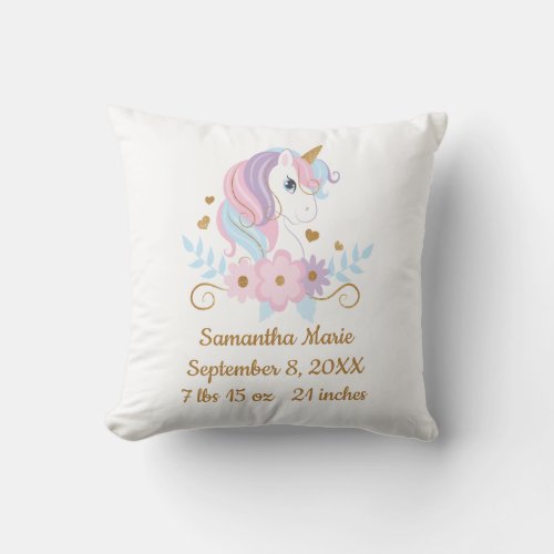 Birth Stats Unicorn Pink Blue Gold Girly Baby  Throw Pillow