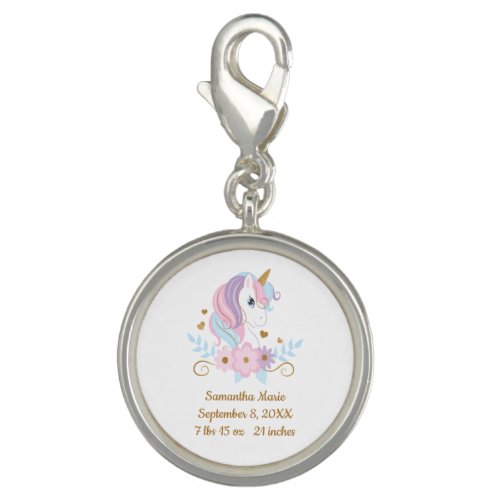 Birth Stats Unicorn Pink Blue Gold Girly  Charm