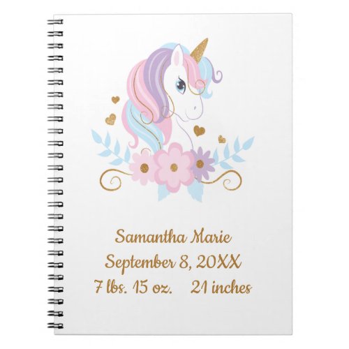 Birth Stats Unicorn Pink Blue Gold Girly Notebook