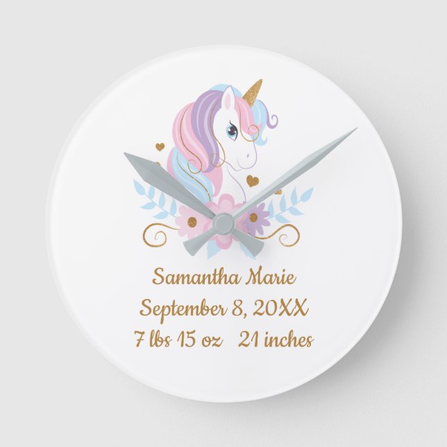 Birth Stats Unicorn Pink Blue Gold, Girly  Round Clock (Front)