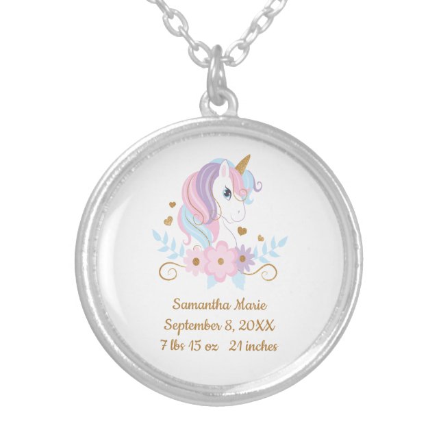 Birth Stats Unicorn Pink Blue Gold, Girly  Silver Plated Necklace (Front)