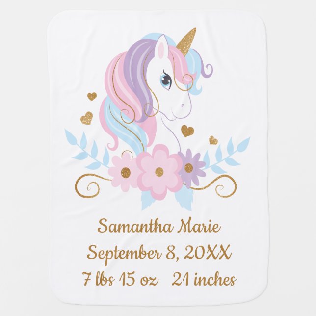 Birth Stats Unicorn Pink Blue Purple Gold, Girl Baby Blanket (Front)