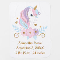 Birth Stats Unicorn Pink Blue Purple Gold, Girly  Baby Blanket