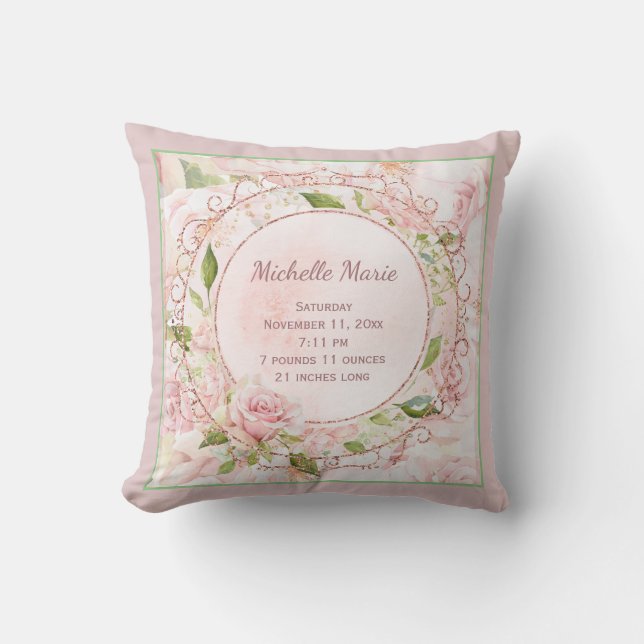 Birth Stats Vintage Pink Rose Nursery Throw Pillow (Front)
