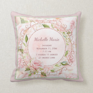 Birth Stats Vintage Pink Rose Nursery Throw Pillow