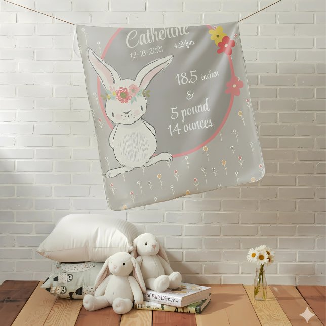 Birth Stats with little Bunny Baby Blanket (baby blanket with bunny and birth stats)