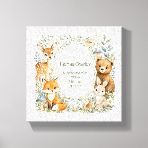 Birth Stats Woodland Animals New Baby Boy Girl  Canvas Print