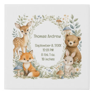 Birth Stats Woodland Animals New Baby Boy Girl Faux Canvas Print