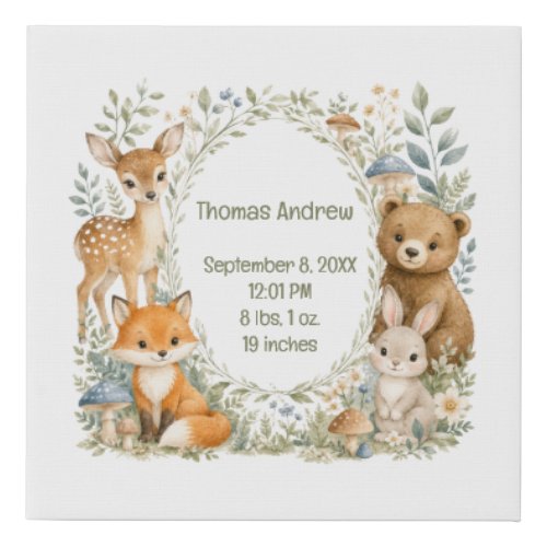 Birth Stats Woodland Animals New Baby Boy Girl  Faux Canvas Print