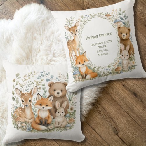 Birth Stats Woodland Animals New Baby Boy Girl  Throw Pillow