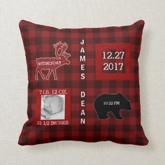 Birth Stats | Woodland Buffalo Check Red Nursery Throw Pillow