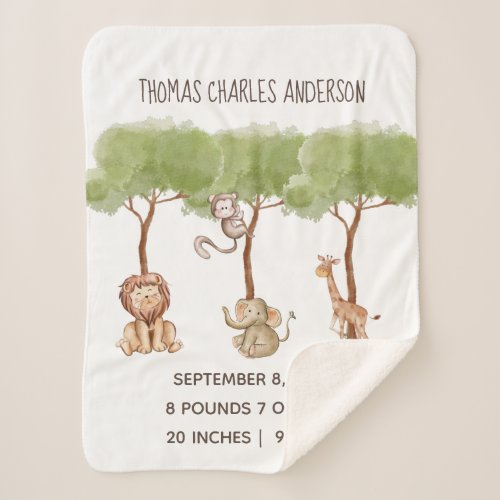 Birth Stats Woodland Jungle Safari Animals Baby Sherpa Blanket