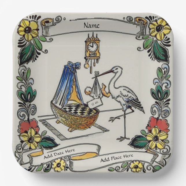 Birth Tile, Dutch Look, Personalize Paper Plates (Front)