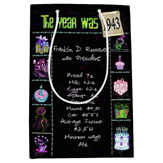 Birth Year 1943 Fun Trivia On Black Medium Gift Bag (Front)