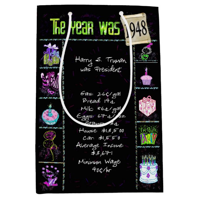 Birth Year 1948 Fun Trivia On Black  Medium Gift Bag (Front)