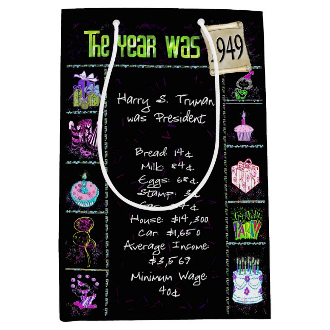 Birth Year 1949 Fun Trivia On Black  Medium Gift Bag (Front)