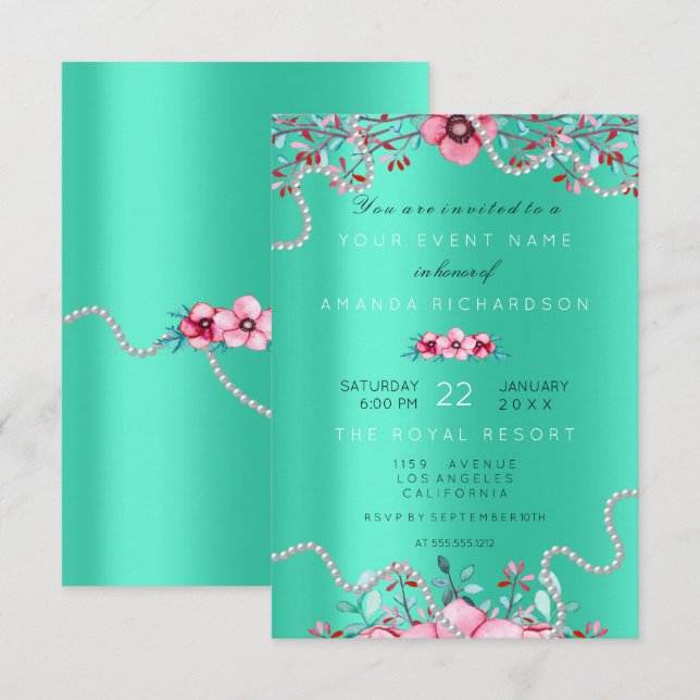 Birthay 16th Bridal Floral Formal Pearls Mint Pink Invitation (Front/Back)