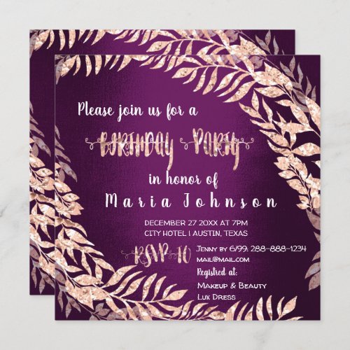Birthda Party Wreath Glitter Rose Gold Plum Purple Invitation