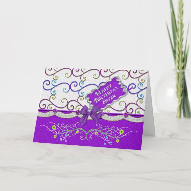 Birthda, Sister, Swirls & Designs, Purple/Colorful Card (Front)