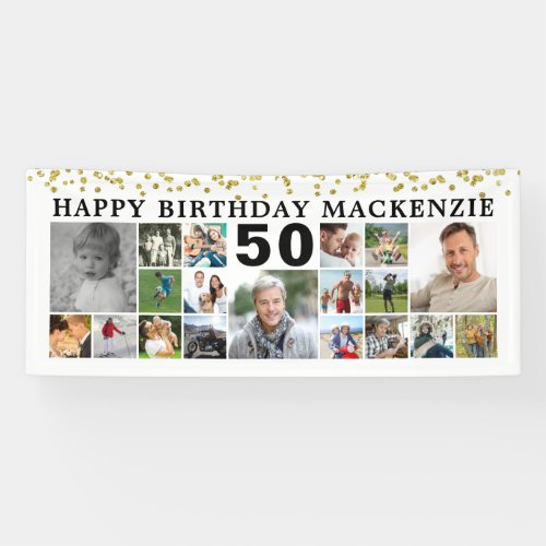 Birthday19 Photo Collage Gold Confetti Custom Banner - Celebrate any age birthday for him or her with a fun photo collage banner sign featuring 19 square pictures of photo memories through the years and personalized with your custom text and their age. The design features gold glitter confetti and editable black text against a changeable white background. PHOTO TIP: Choose photos with subjects in the middle and/or pre-crop them into a square shapes BEFORE uploading and use the CHANGE tab in the PERSONALIZE section. CHANGES:  The background color and text font style, color, size and placement can be change by clicking on the CUSTOMIZE FURTHER tab in the PERSONALIZE section. Contact the designer via Zazzle Chat or makeitaboutyoustore@gmail.com if you'd like this design modified or on another product.