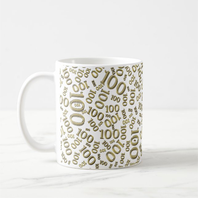 Birthday 100 Gold/White Random Number Pattern  Coffee Mug (Left)