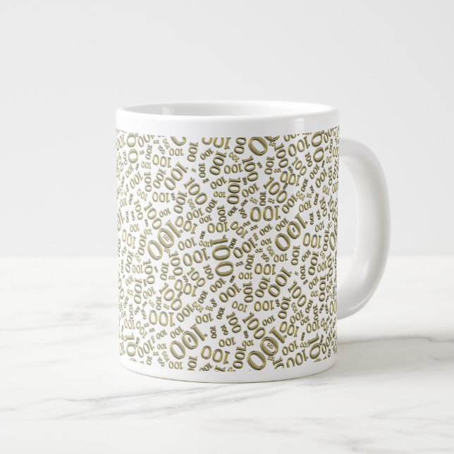 Birthday 100 Gold/White Random Number Pattern Giant Coffee Mug (Front Right)