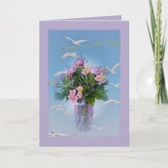 Birthday, 101th, Flowers and Birds Card (Front)
