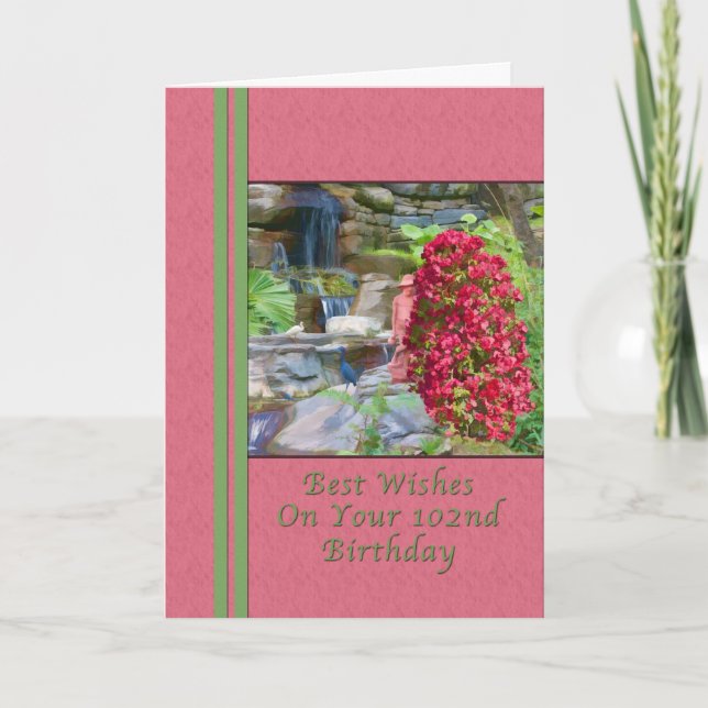 Birthday, 102nd, Bougainvillea, Birds, Waterfall Card (Front)