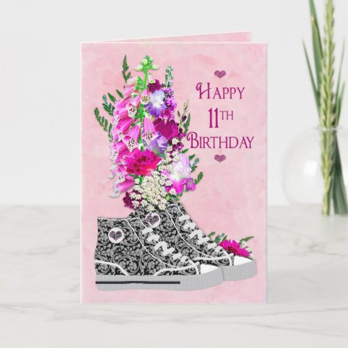 Birthday 11th Girls Fancy Sneakers blackWhite Card