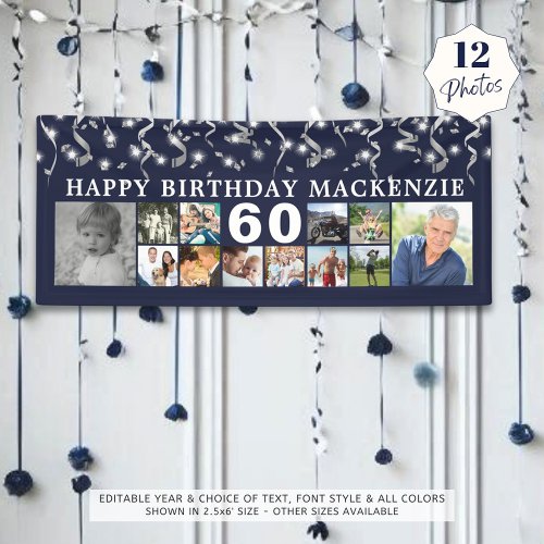 Birthday 12 Photo Collage Blue Silver Confetti Banner