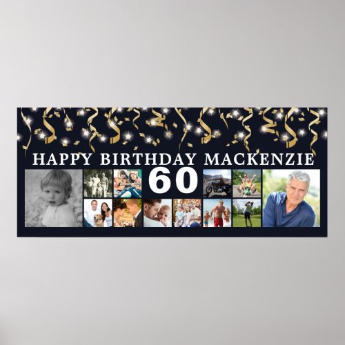 Birthday 12 Photo Gold Streamers Custom Color Poster
