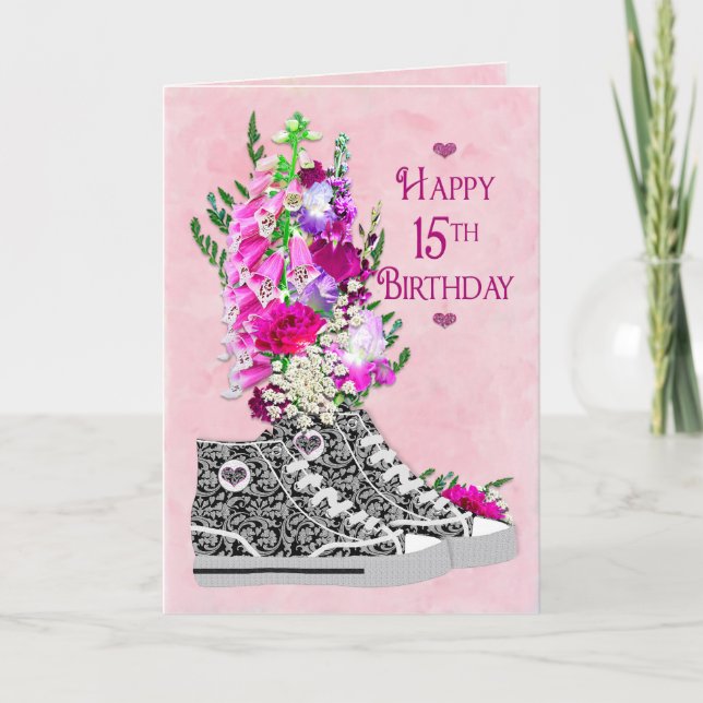 Birthday 15th, Girls, Fancy Sneakers black/White Card (Front)