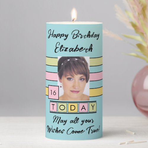 Birthday 16th any age add photo name turquoise pillar candle