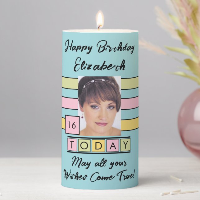 Birthday 16th any age add photo name turquoise pillar candle (In Situ)