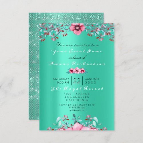 Birthday 16th Bridal Floral Pink Mint Rose Glitter Invitation