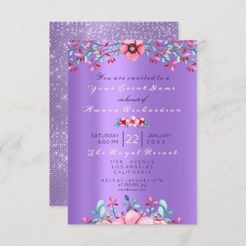 Birthday 16th Bridal Floral Pink Purple Sparkly Invitation