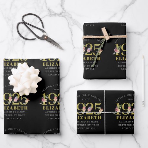 Birthday 1925 Black Gold Floral Personalized Wrapping Paper Sheets