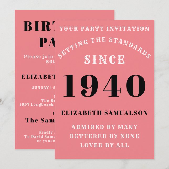 Birthday 1940 Add Your Name Elegant Pink Girly Invitation (Front/Back)