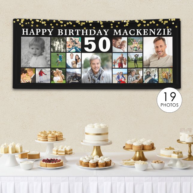 Birthday 19 Photo Collage Black Gold Confetti Banner (Creator Uploaded)